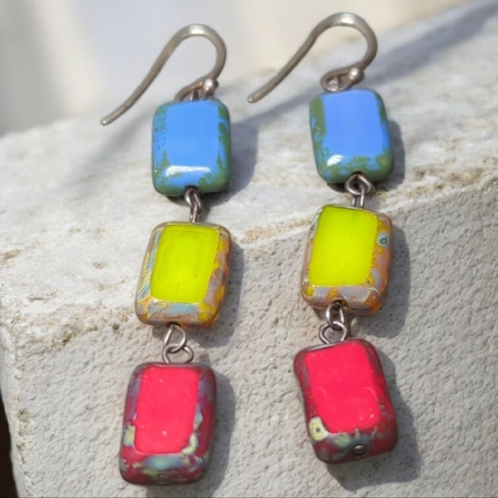 Color Block Glass Dangle Earrings – Blue Yellow Red Rectangles, Boho Statement